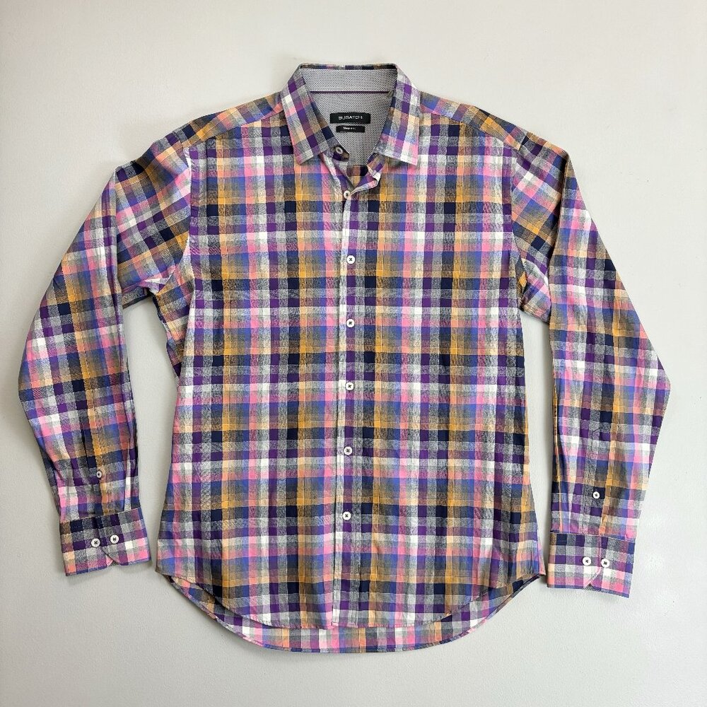 BUGATCHI Shaped Fit Button Down Shirt MED Plaid Gingham Cotton Spring Purple
